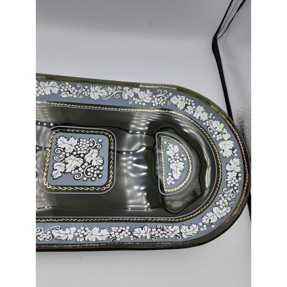 Smoky Glass Tray Plate With White & Gold Accent Console Dish Serving Platter - Picture 9 of 12